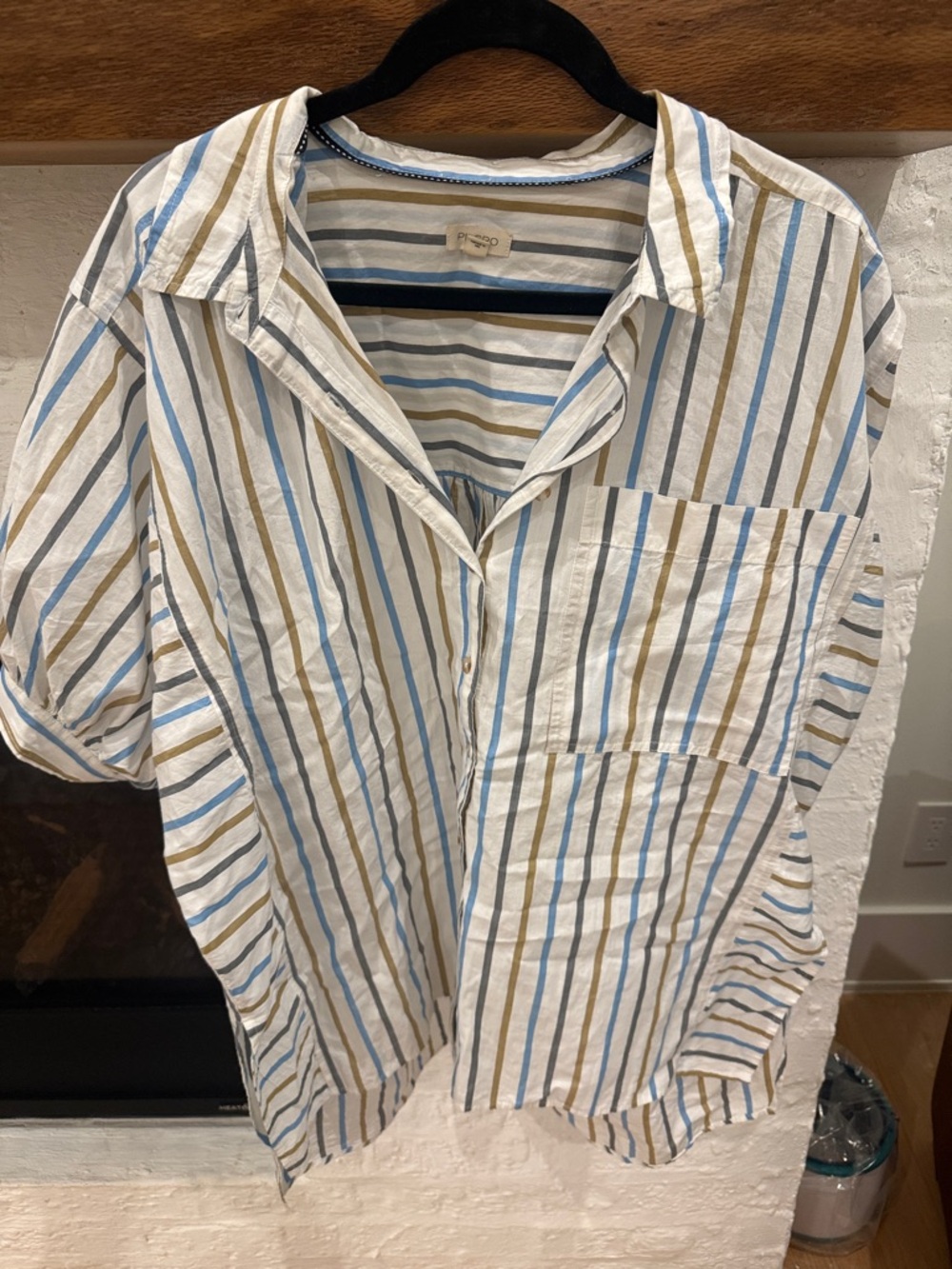 Pilcro White Button-Down Shirt with Blue & Tan Stripes